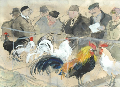 Hanen op de tentoonstelling van Avicultura; potlood, aquarel en gouache op papier (Holleman, 1908-1999)